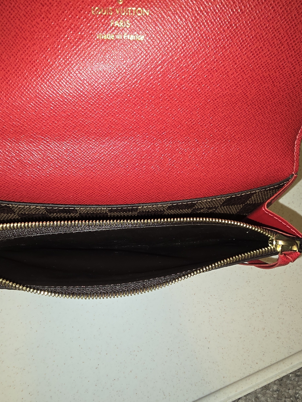 Louis Vuitton Damier Ebene Emilie Wallet - Brown with Red Snap - Picture 6 of 8